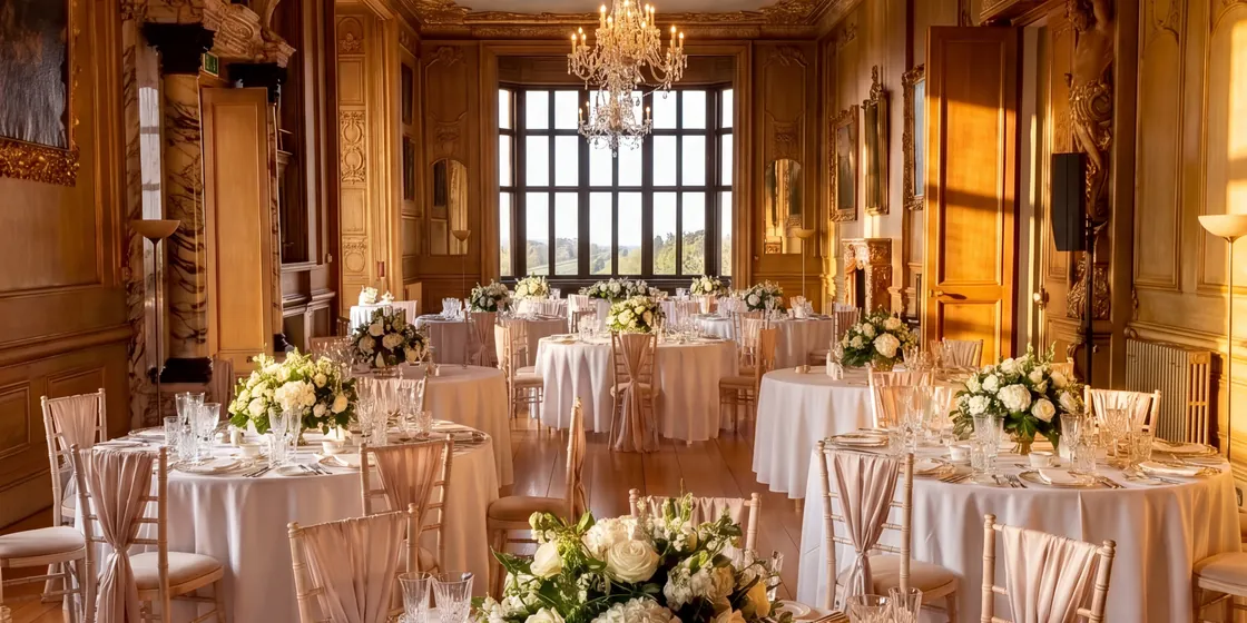 An elegant wedding reception table styled with florals, candles, and glassware in a sunlit venue